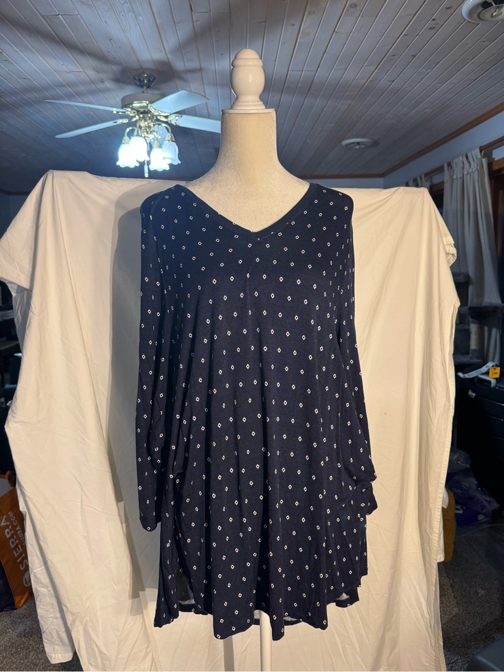 Lane Bryant Navy and White Diamond Print V-Neck Top